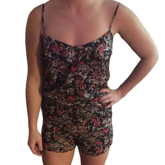 UO Kimchi Blue romper red tan abstract print ruffle neck  spaghetti straps XS - Picture 1 of 15